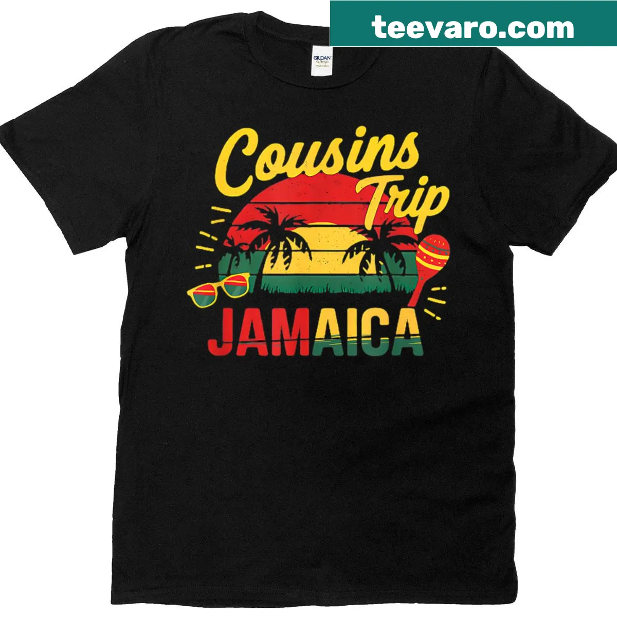 Cousins Trip Jamaica T-shirt featuring playful travel illustration — on a men's t-shirt