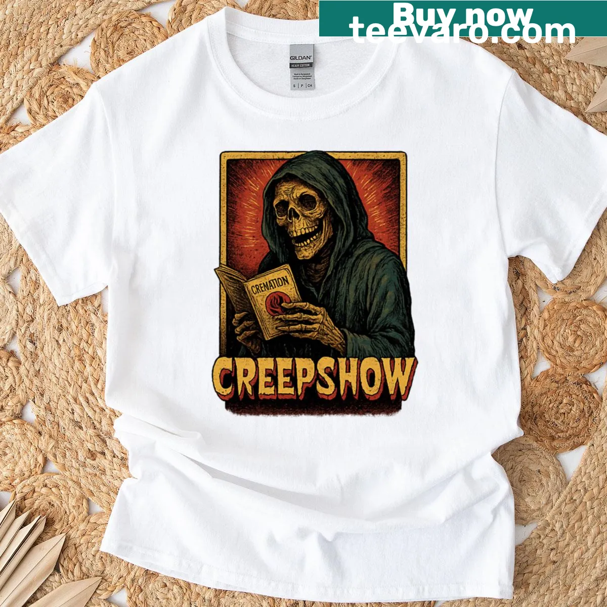Vintage Creepshow design T-shirt celebrating 80s horror art — on a men's t-shirt
