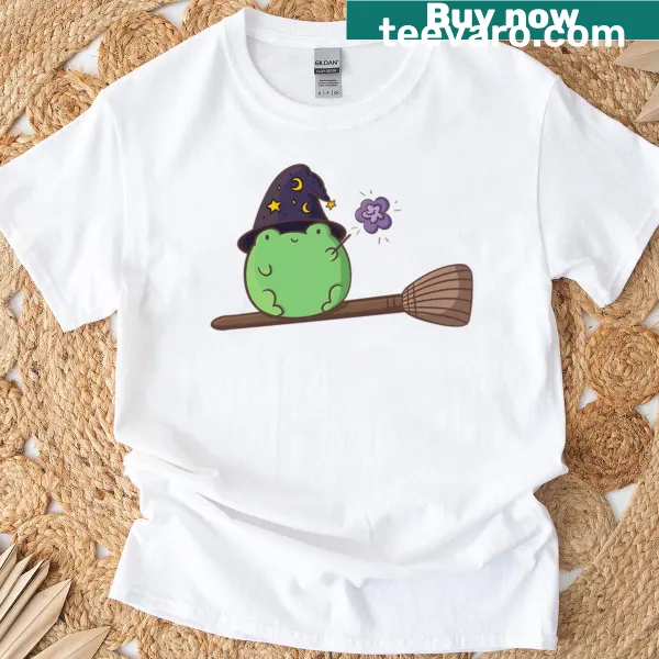 Cute frog witch illustration t-shirt showcasing a whimsical design