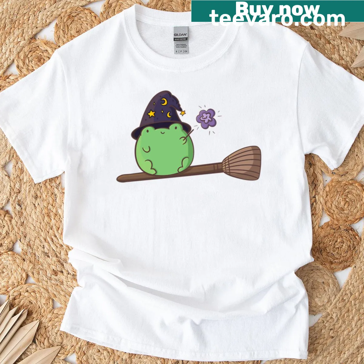 Cute frog witch illustration t-shirt showcasing a whimsical design — on a men's t-shirt