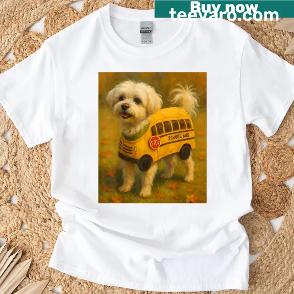 Funny graphic of a Maltese dog in a school bus costume on T-shirt
