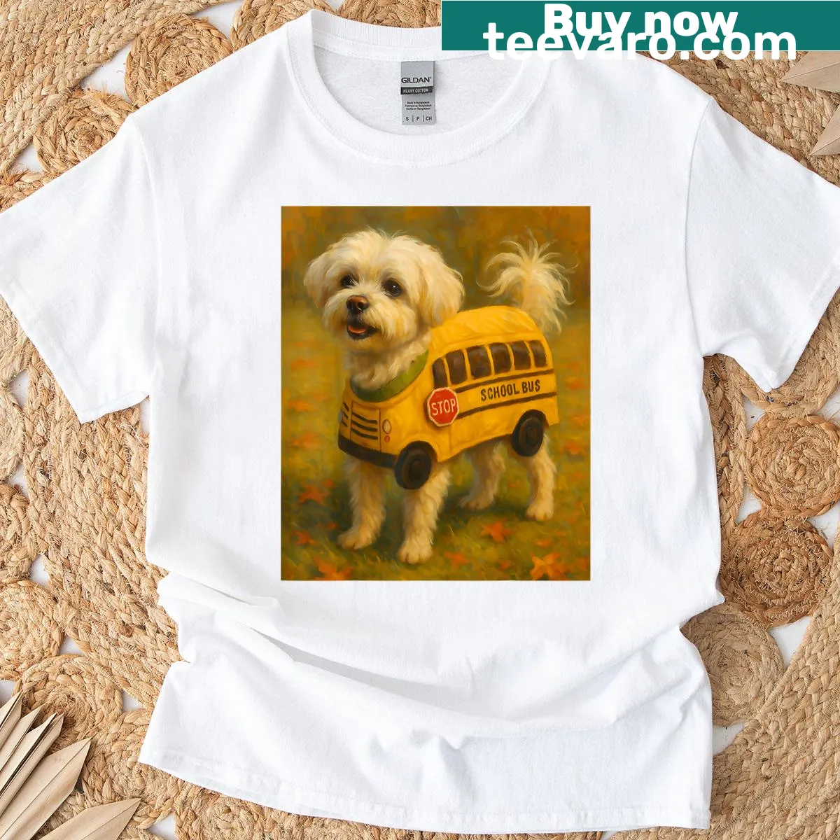 Funny graphic of a Maltese dog in a school bus costume on T-shirt — on a men's t-shirt