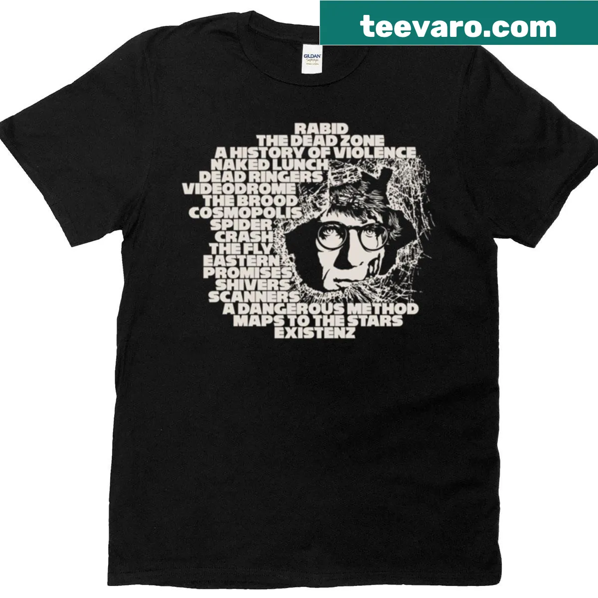 Tribute t-shirt featuring horror director David Cronenberg — on a men's t-shirt