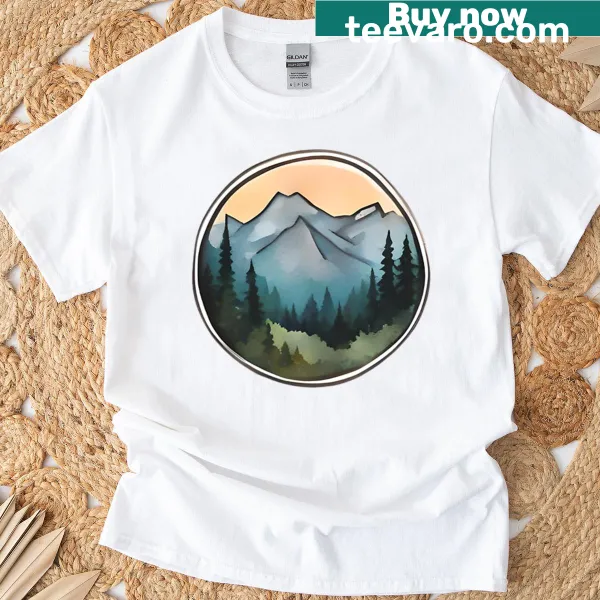 Realistic t-shirt featuring dawn breaking over timberline forests
