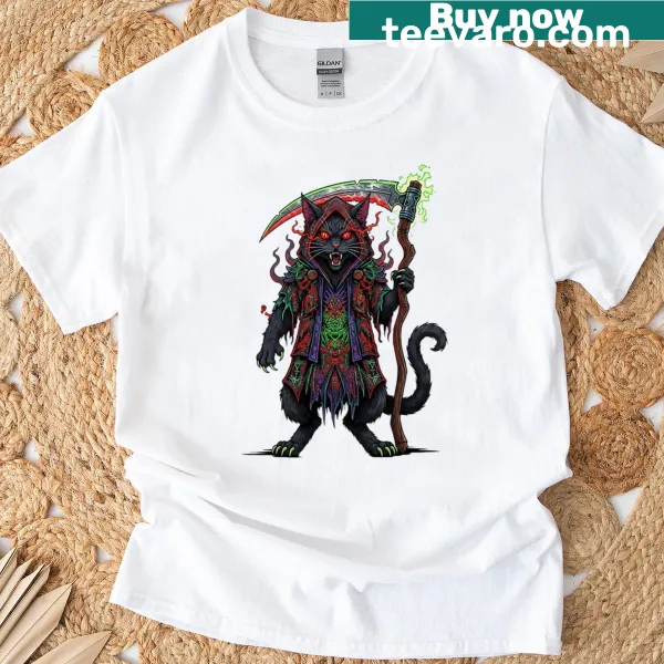 Dark graphic of a reaper cat on T-shirt for alternative fashion