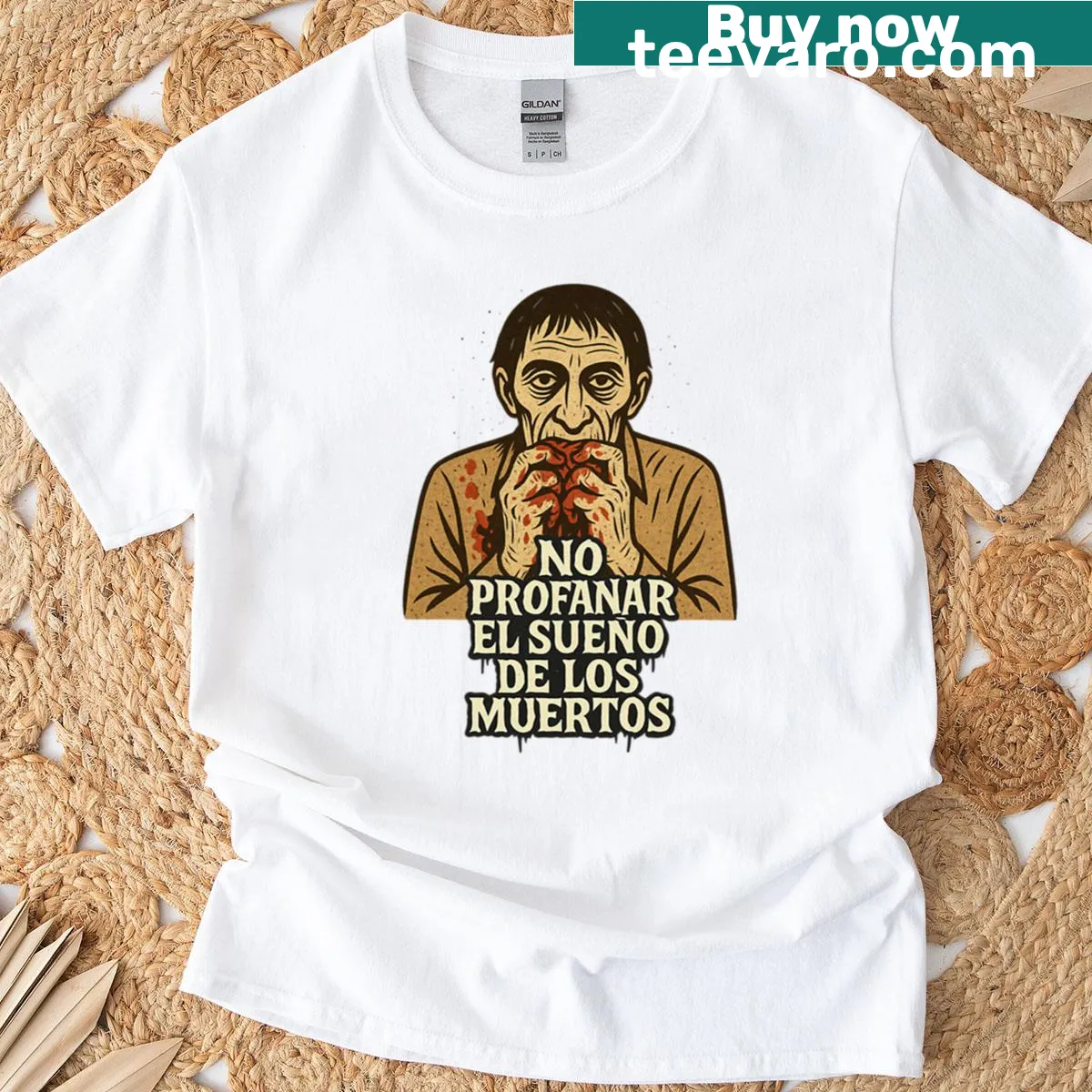 Tribute graphic to 1970s Italian zombie films on T-shirt — on a men's t-shirt