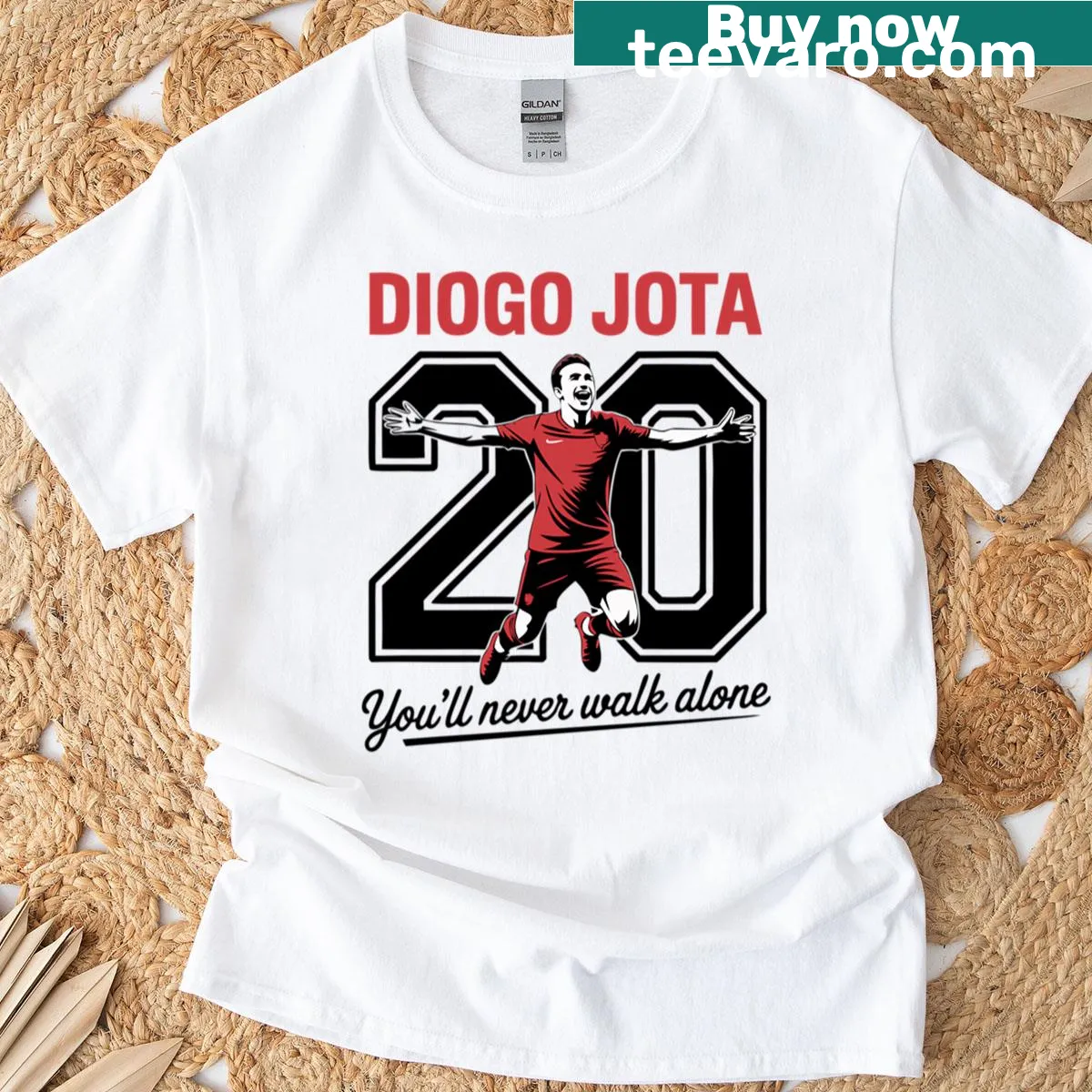 Fan T-shirt featuring Diogo Jota as a Liverpool soccer player — on a men's t-shirt