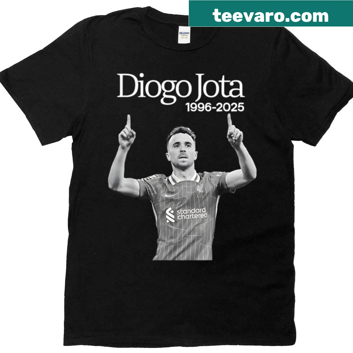 Memorial T-shirt with Diogo Jota's name and years 1996-2025 — on a men's t-shirt