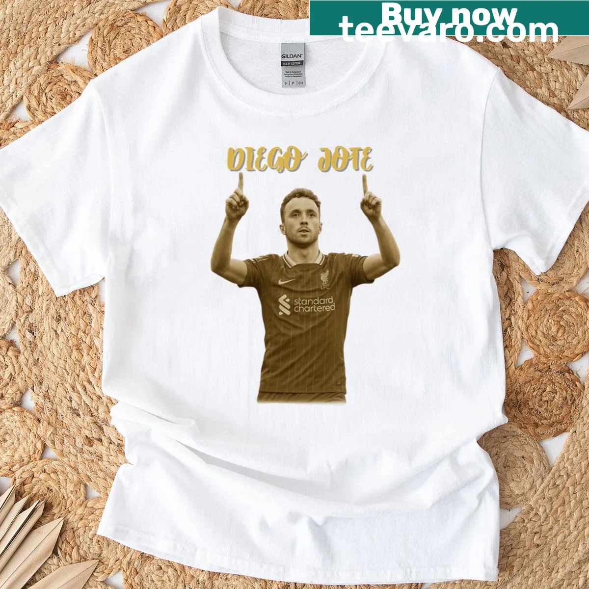Sepia gold T-shirt featuring Diogo Jota's portrait with laurel design — on a men's t-shirt