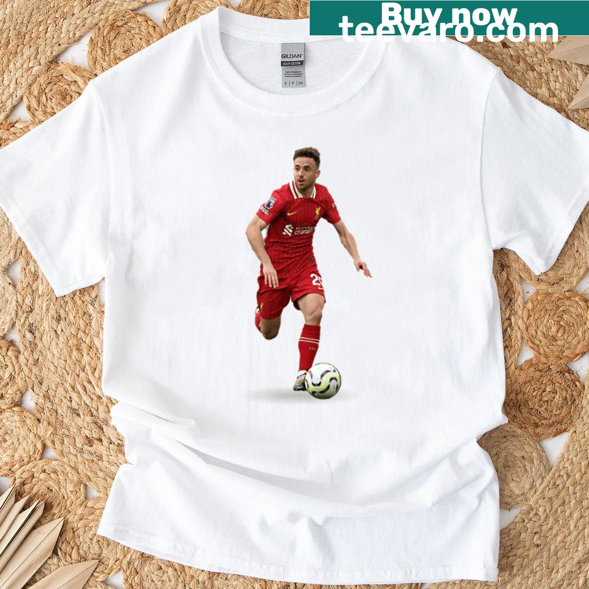 Dynamic T-shirt featuring Diogo Jota in action on the football field — on a men's t-shirt