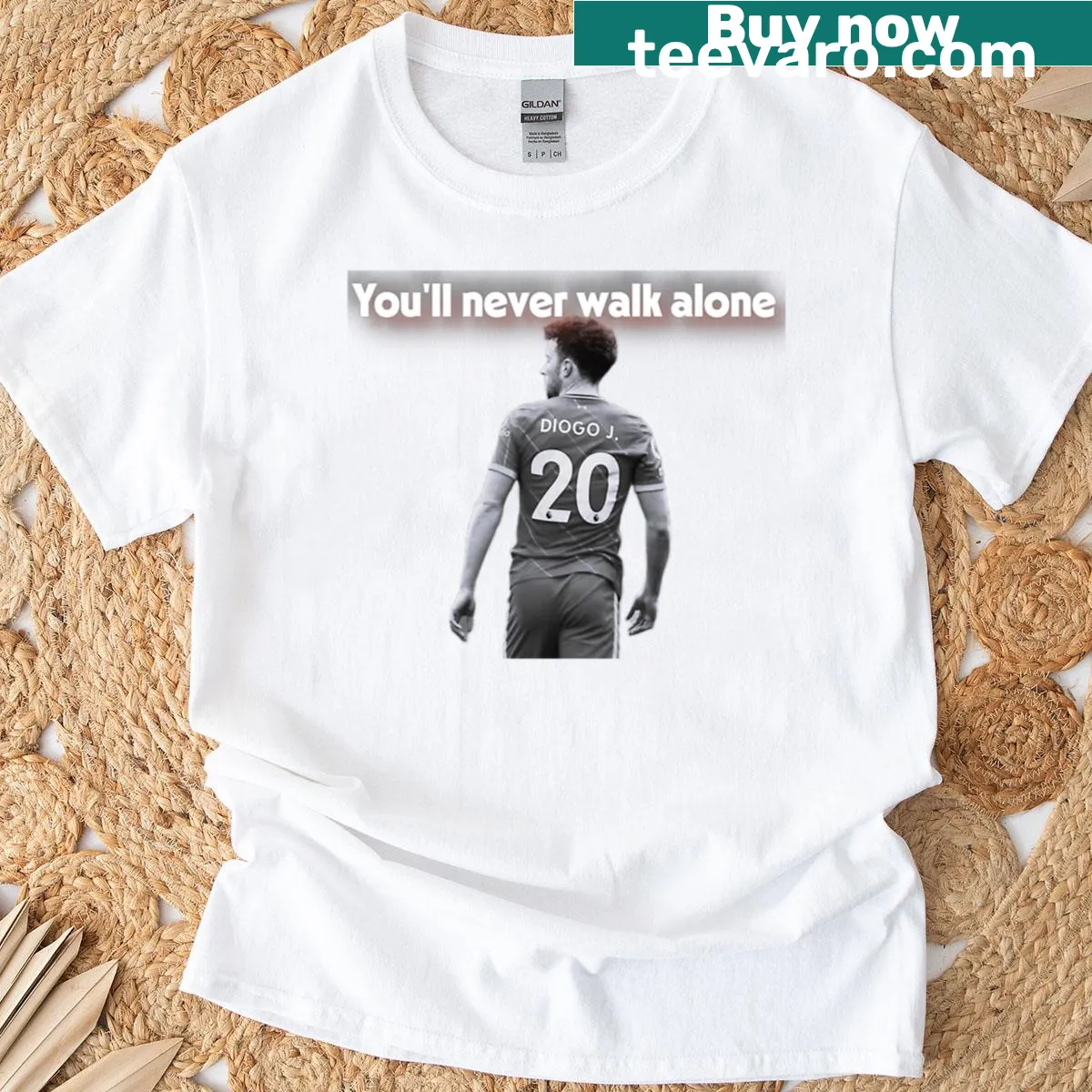 Supportive T-shirt for Diogo Jota with 'You’ll Never Walk Alone' text — on a men's t-shirt