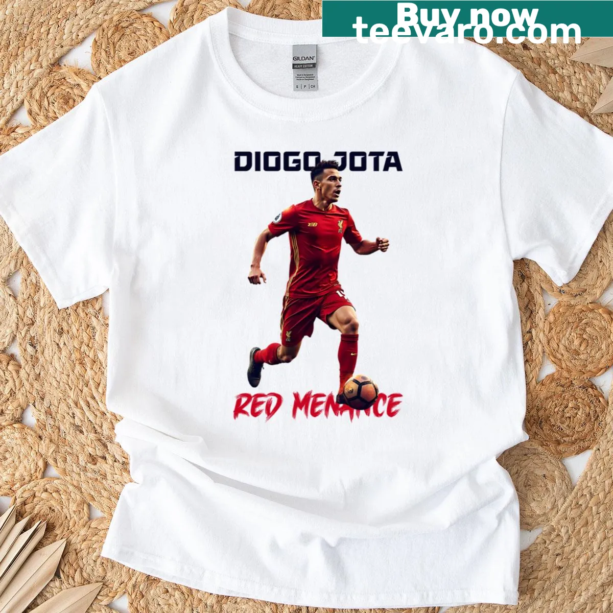 Red Menance T-shirt depicting Diogo Jota in action on the pitch — on a men's t-shirt
