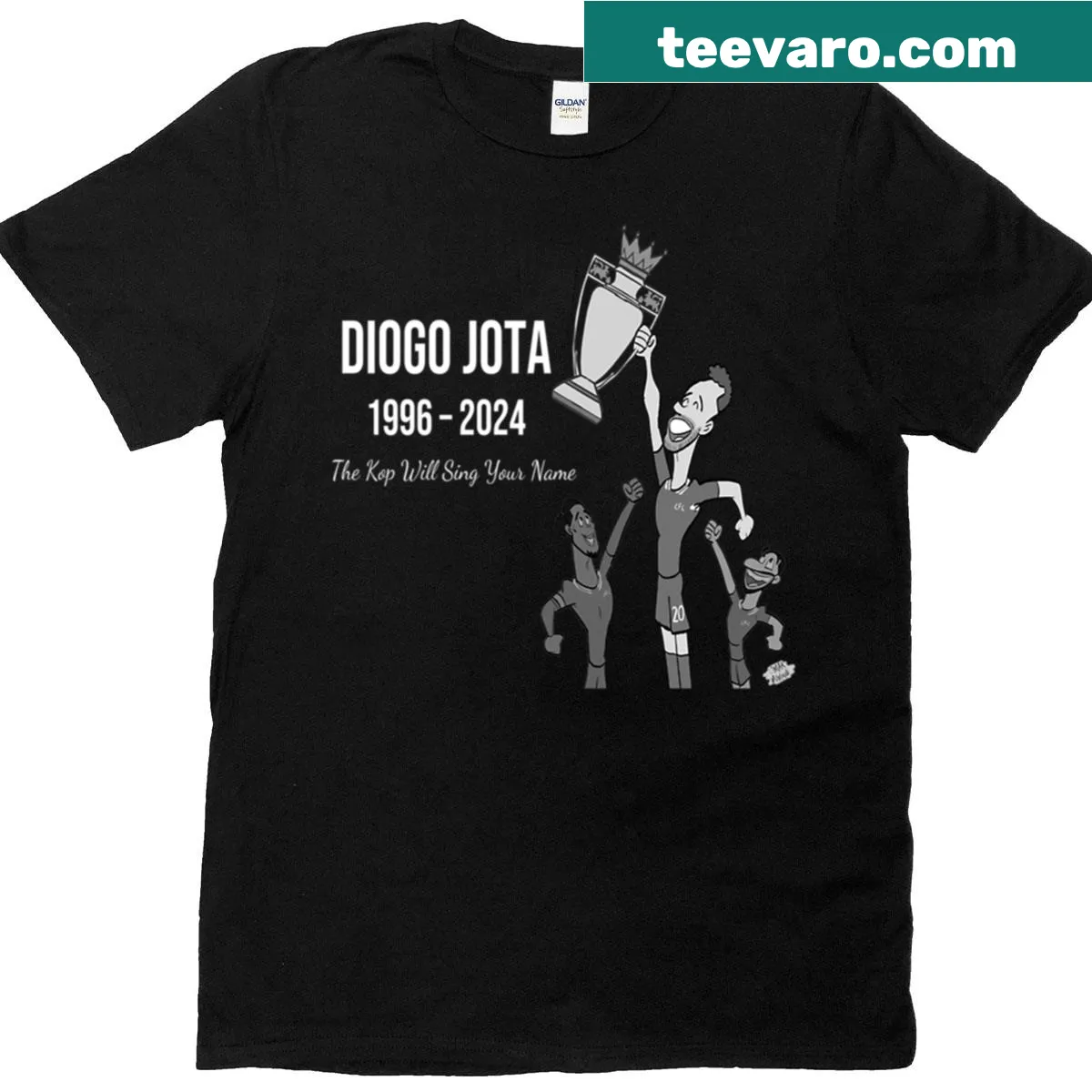 Liverpool FC Diogo Jota t-shirt with The Kop Will Sing Your Name text — on a men's t-shirt