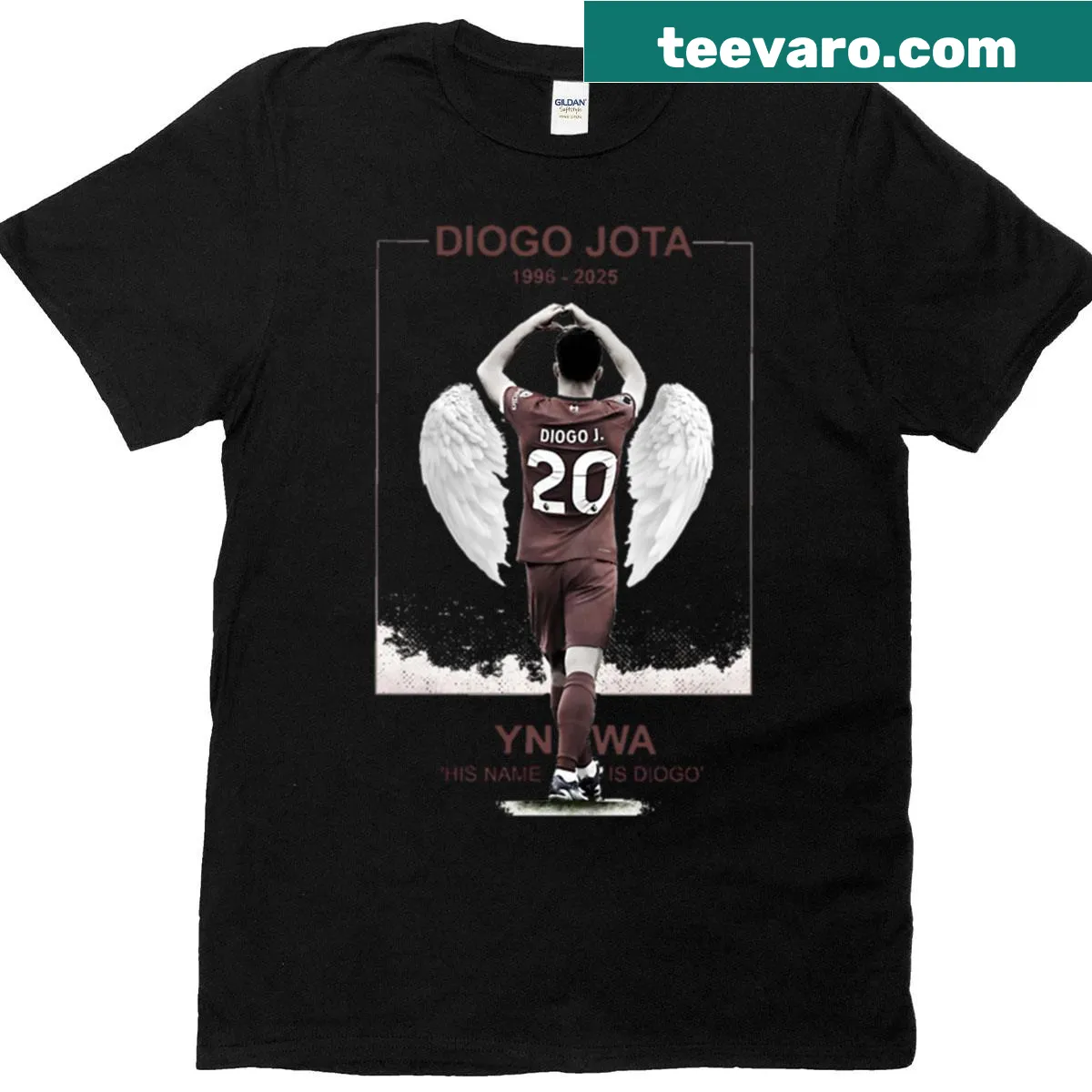 Tribute t-shirt for Diogo Jota featuring 'Ynwa 1996-2025' — on a men's t-shirt