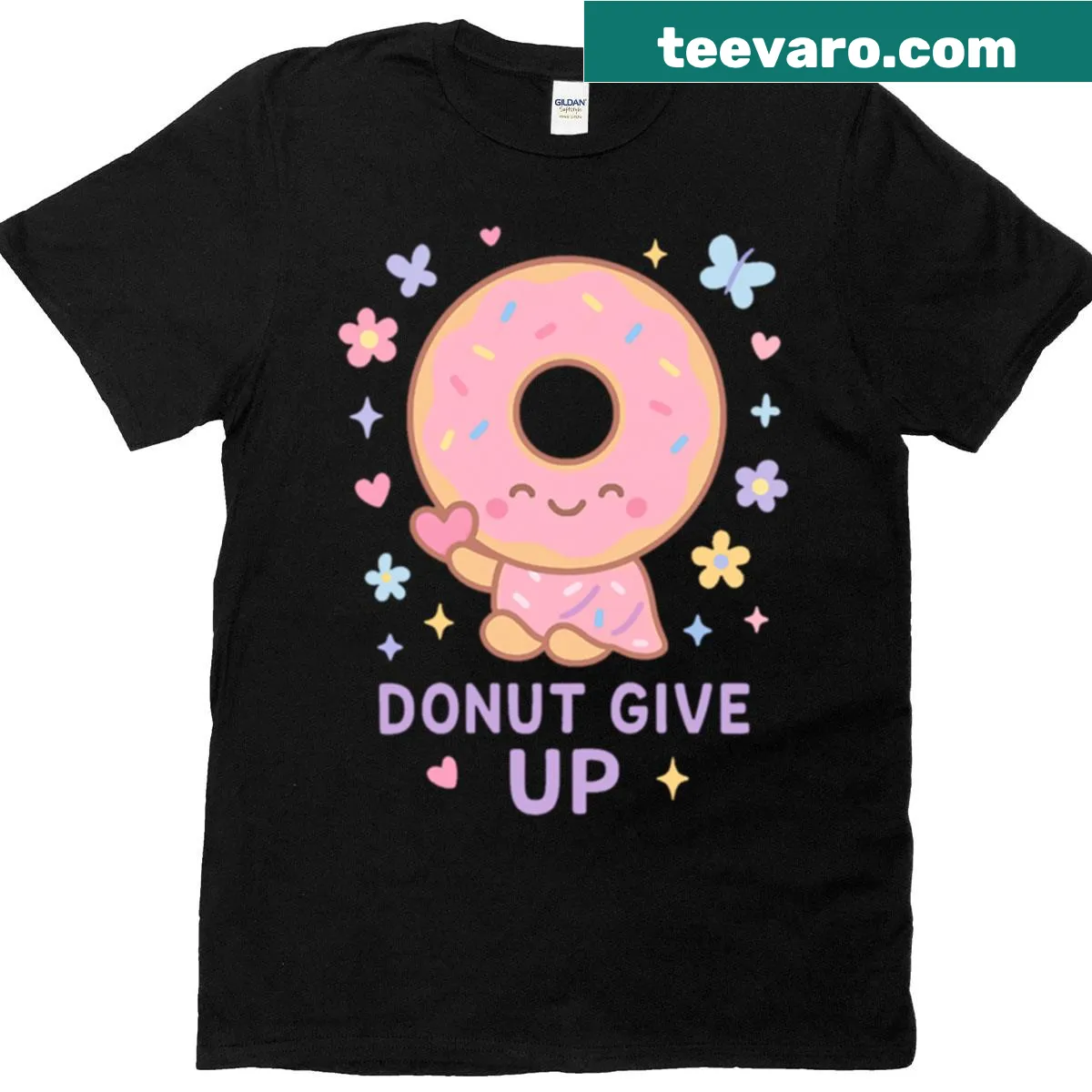Cute pastel donut design with 'Donut Give Up' slogan on a t-shirt — on a men's t-shirt