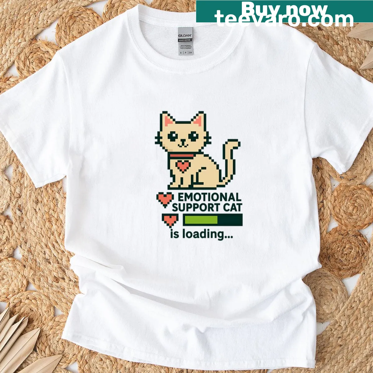 Pixel style design of an emotional support cat loading on a T-shirt — on a men's t-shirt