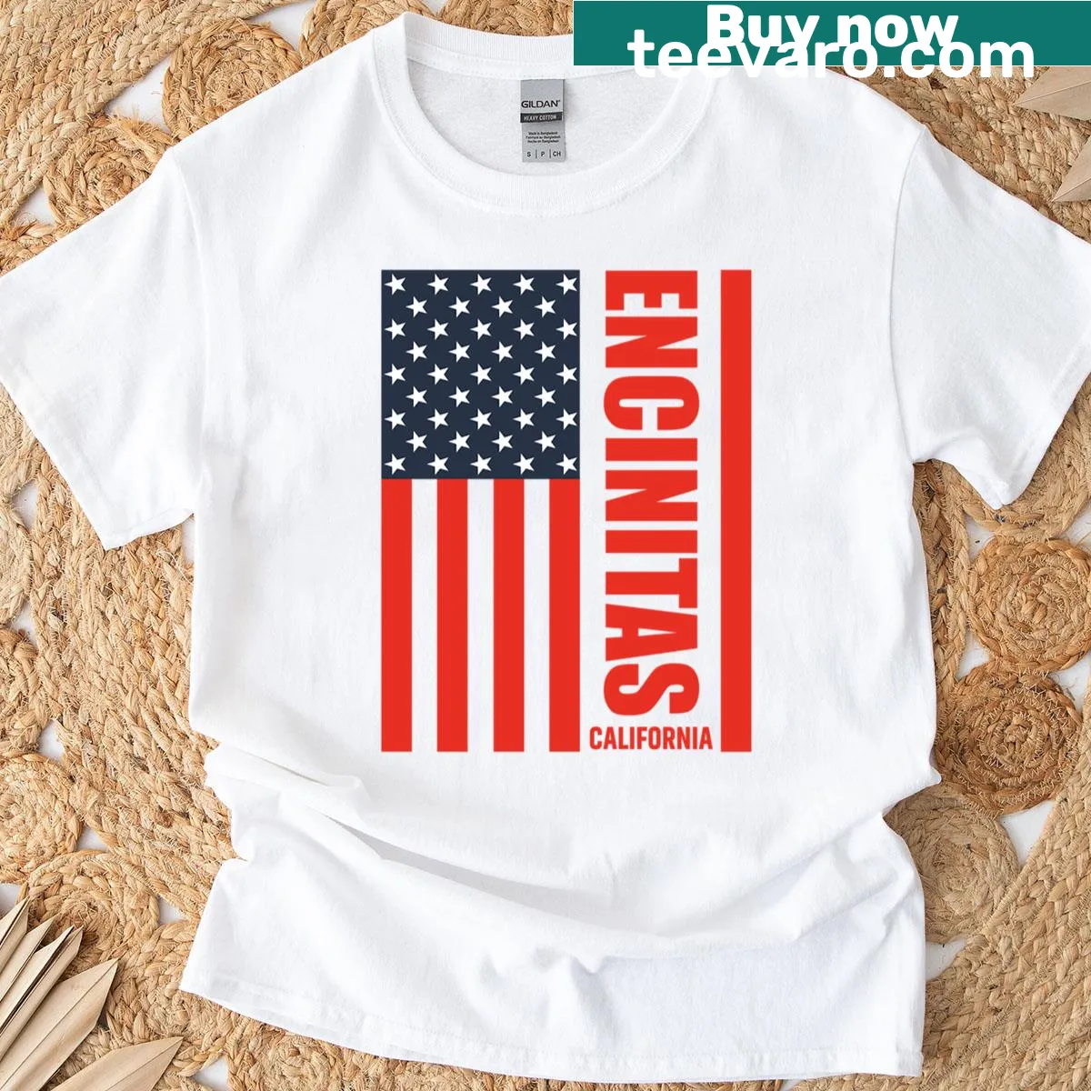 4th of July design T-shirt celebrating Encinitas, California — on a men's t-shirt
