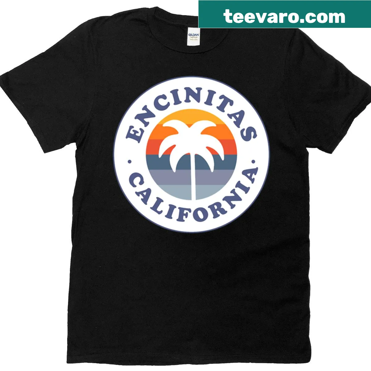 Retro badge design t-shirt featuring Encinitas California sunset and palm trees — on a men's t-shirt