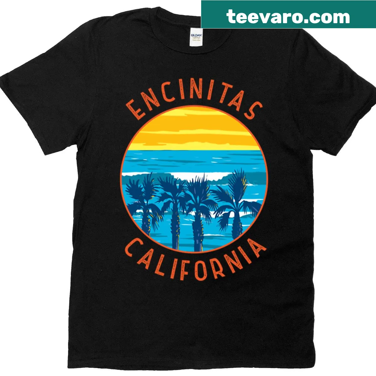 Retro distressed circle design featuring Encinitas, California, on a T-shirt. — on a men's t-shirt