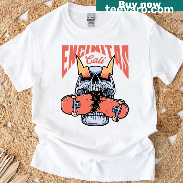 Skateboarding skull graphic with orange text on T-shirt