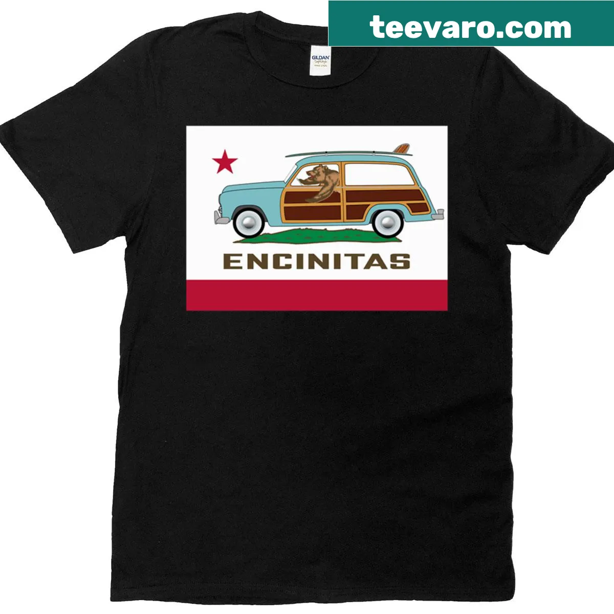 California State Woodie Flag T-shirt representing Encinitas — on a men's t-shirt