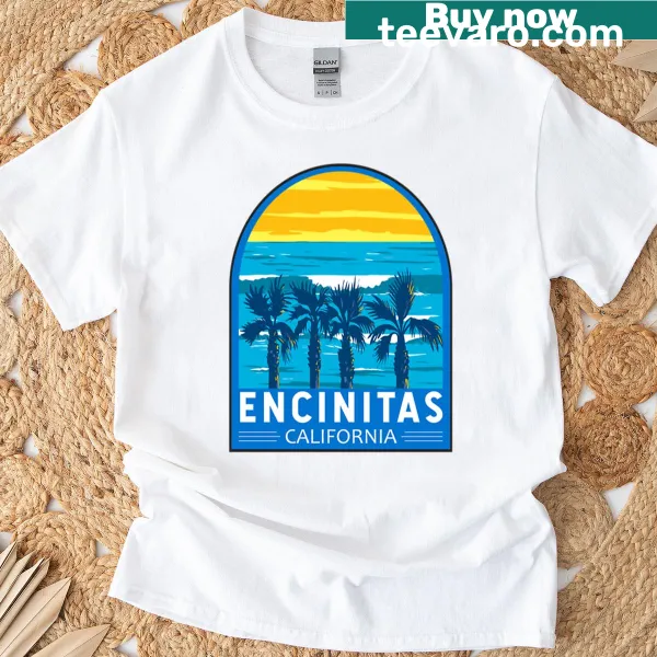 Artistic travel emblem of Encinitas on an oversized T-shirt