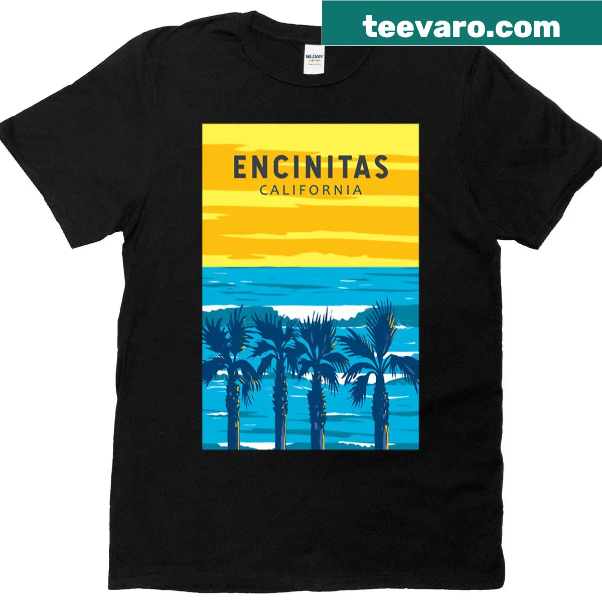 Vintage T-shirt featuring travel art of Encinitas, California — on a men's t-shirt