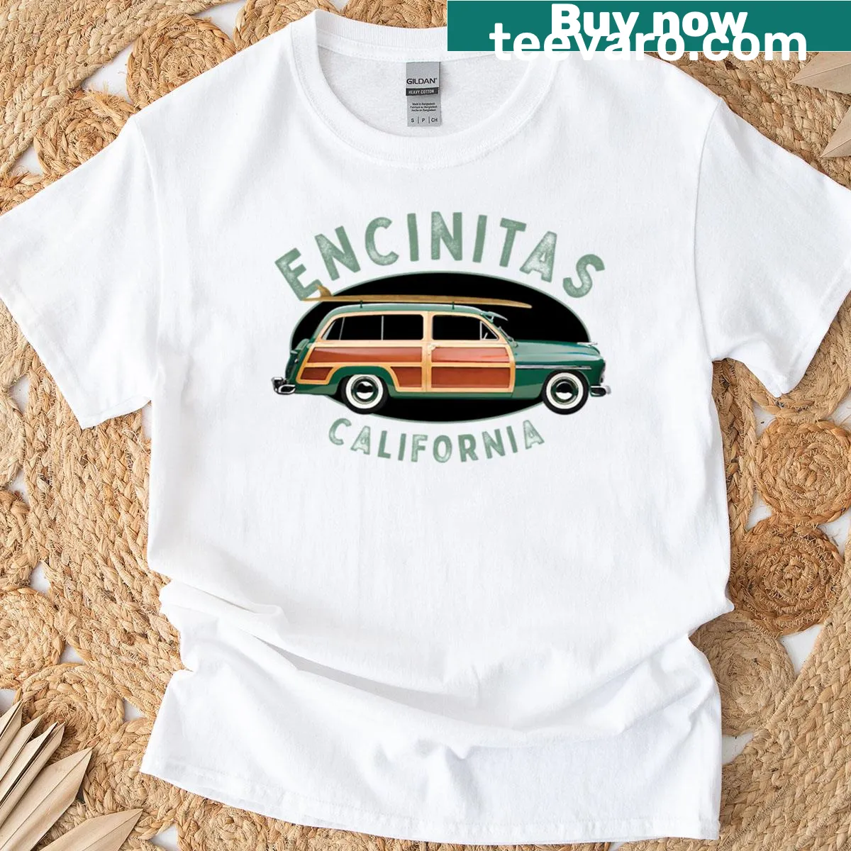 Vintage surfing design T-shirt representing Encinitas California — on a men's t-shirt