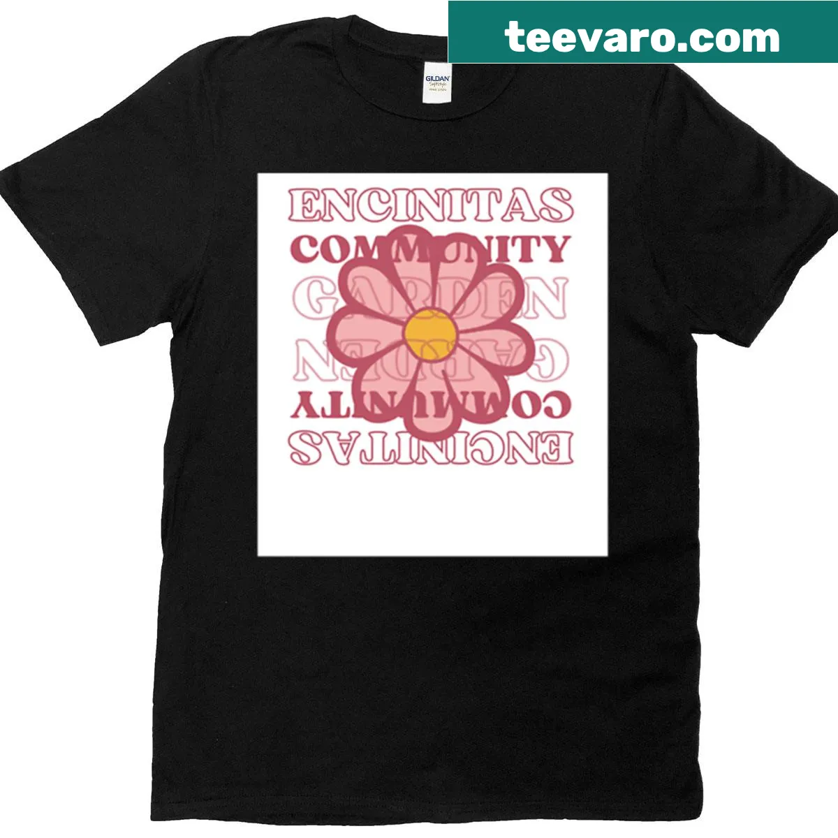 Illustrated T-shirt celebrating Encinitas Community Garden with flowers. — on a men's t-shirt