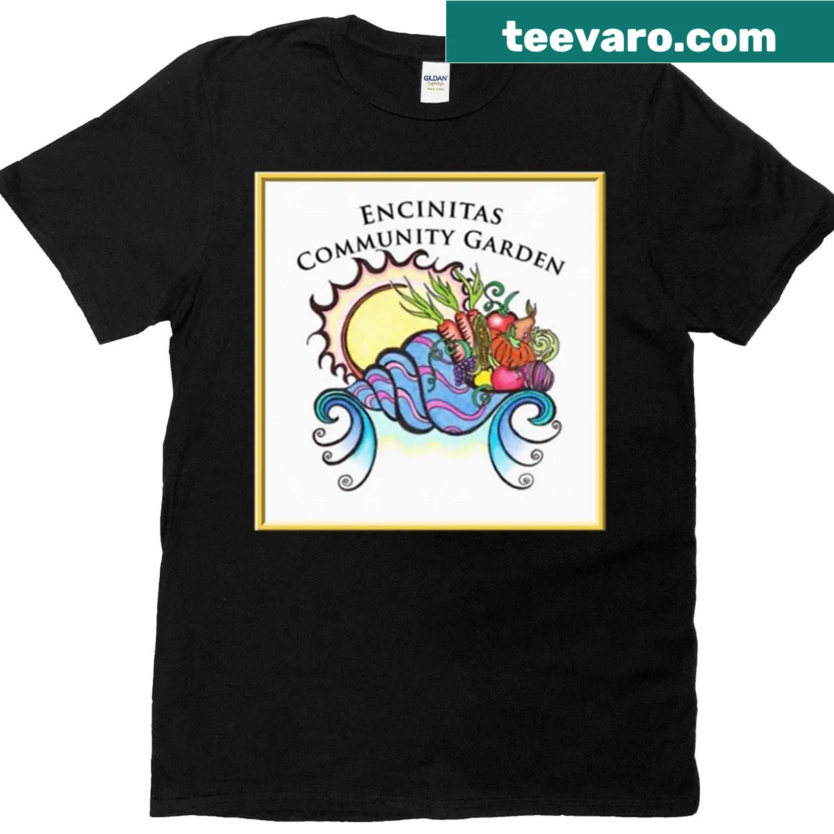 Illustration t-shirt celebrating the Encinitas Community Garden — on a men's t-shirt