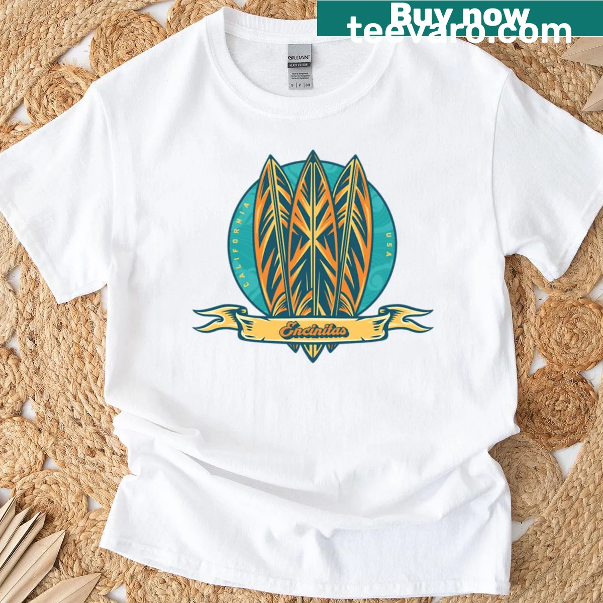 Encinitas Surf Banner T-shirt with a stylish graphic design — on a men's t-shirt