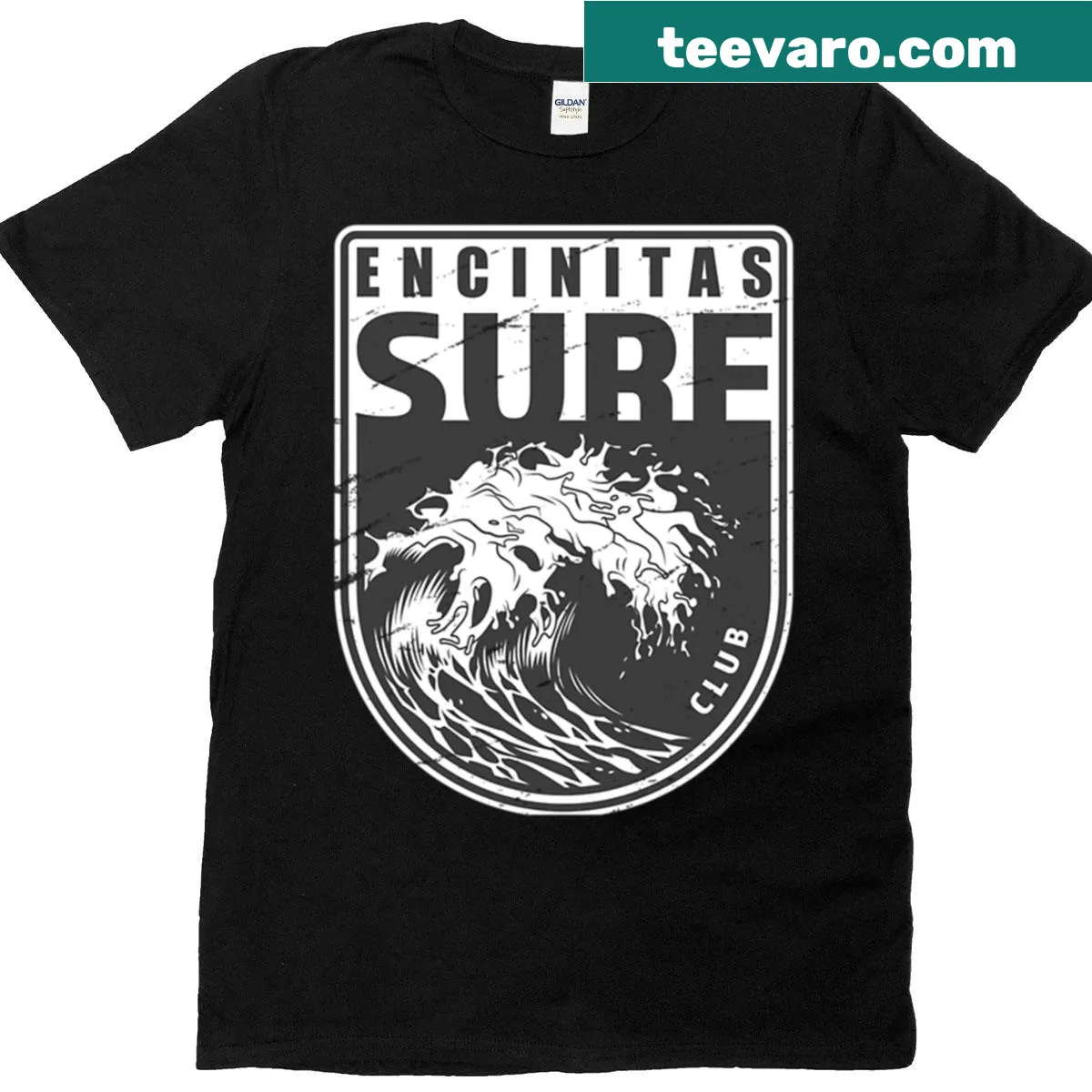 Oversized T-shirt featuring Encinitas Surf Club California emblem — on a men's t-shirt