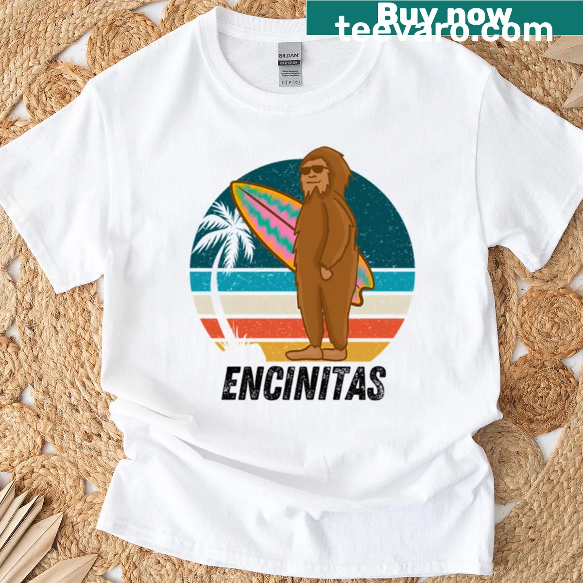 Illustrated t-shirt featuring California surf culture — on a men's t-shirt