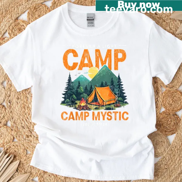Camping scene illustration with text 'Forever A Light Camp Mystic 2025'