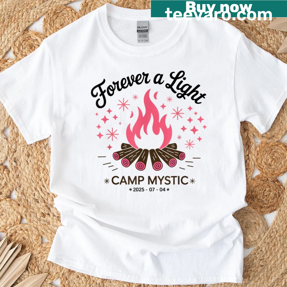 Illustrative camp scene with the text 'Forever A Light Camp Mystic 2025' — on a men's t-shirt