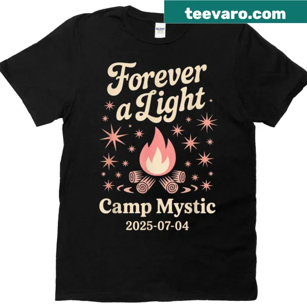 Vintage illustration of a camping theme with 'Forever A Light Camp Mystic 2025' text
