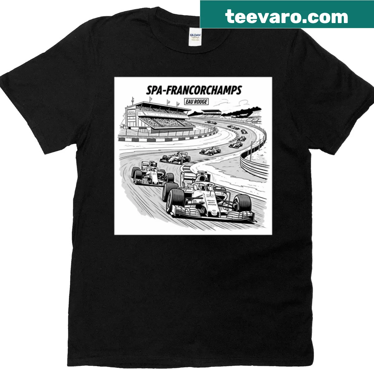 Eau Rouge racetrack themed t-shirt for Formula 1 fans — on a men's t-shirt