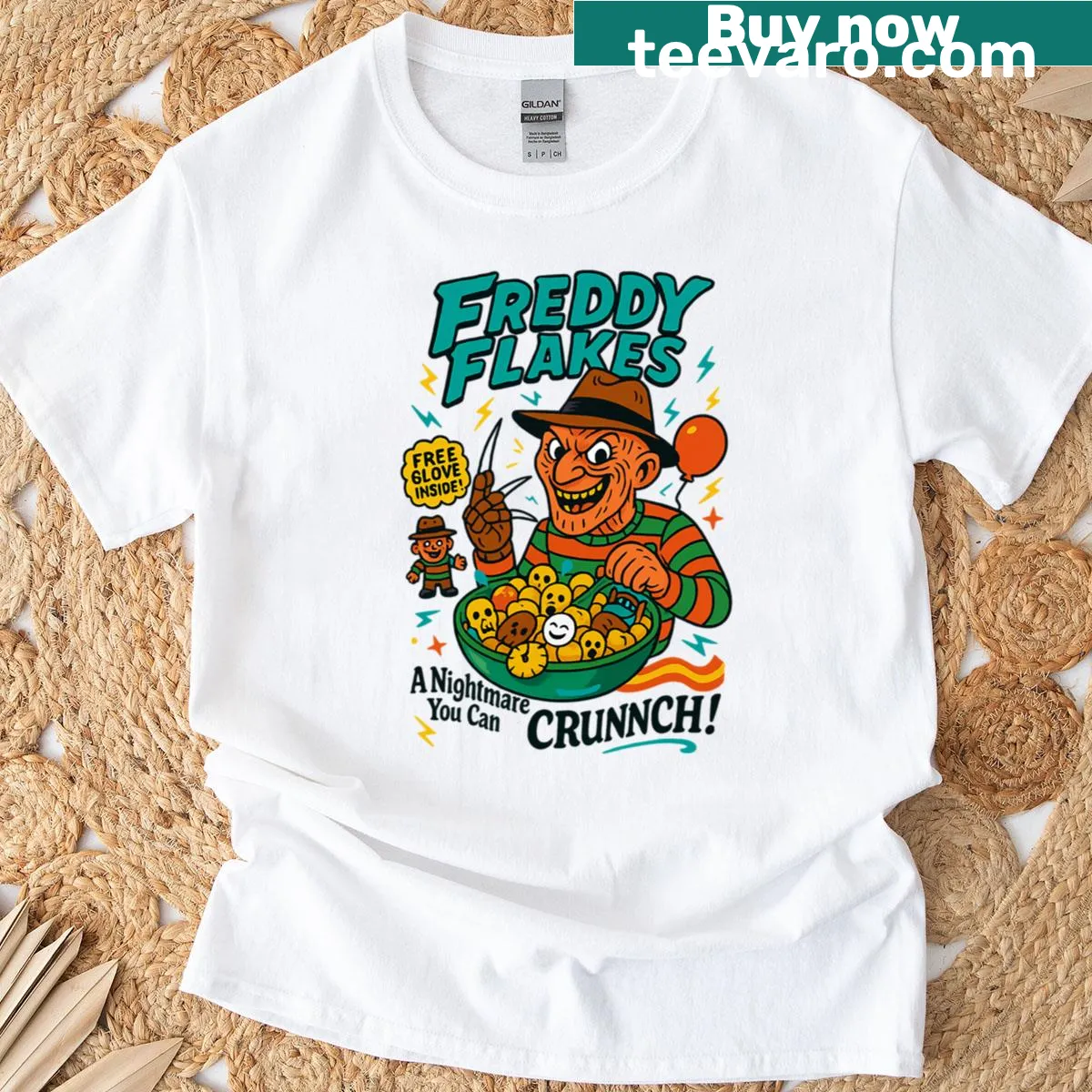 Funny Freddy Flakes retro horror character t-shirt for Halloween — on a men's t-shirt