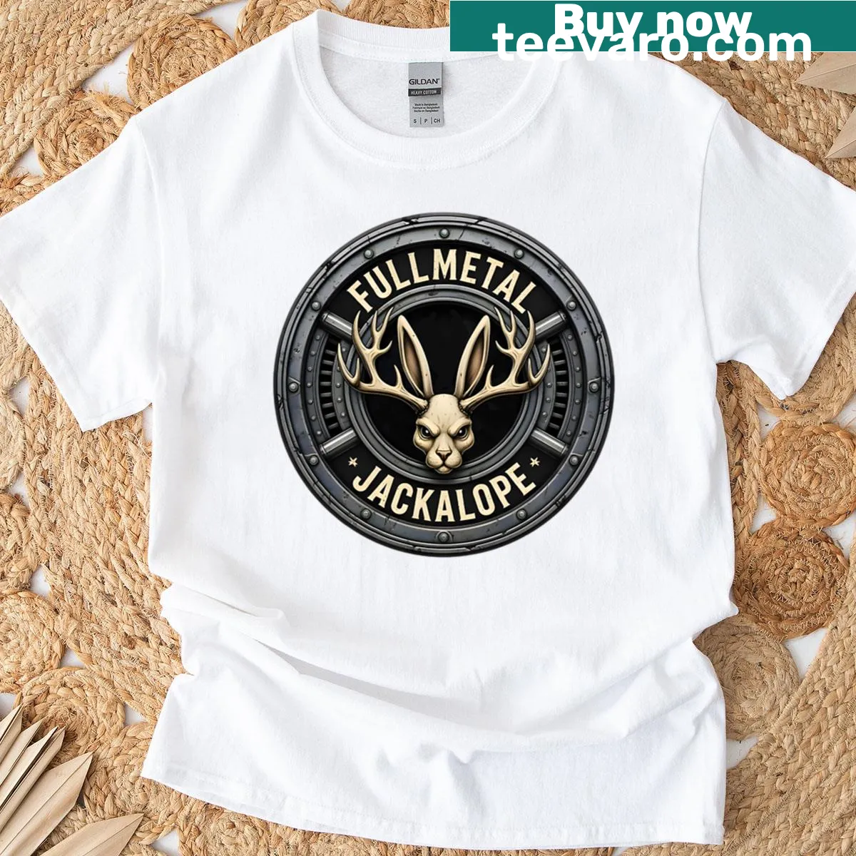 Logo t-shirt featuring the Fullmetal Jackalope — on a men's t-shirt