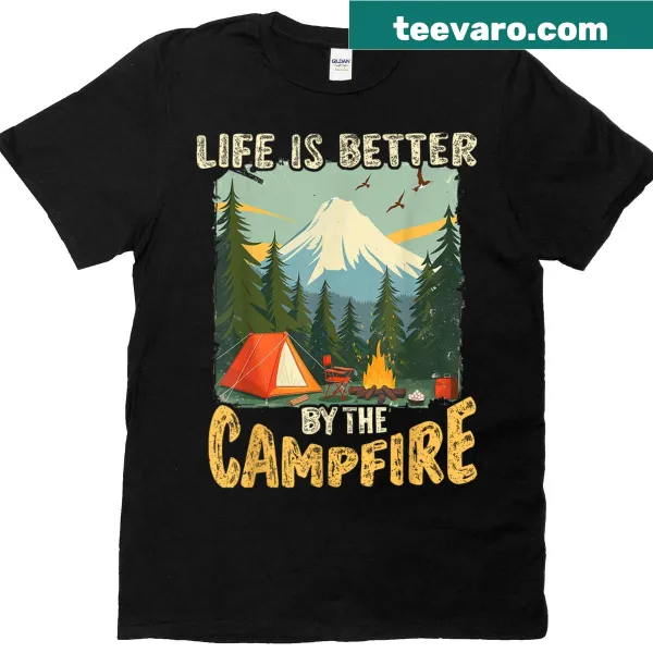 Typographical t-shirt celebrating camping life at the campfire