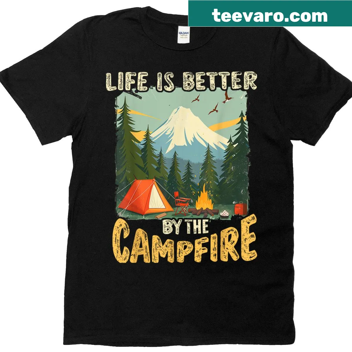 Typographical t-shirt celebrating camping life at the campfire — on a men's t-shirt