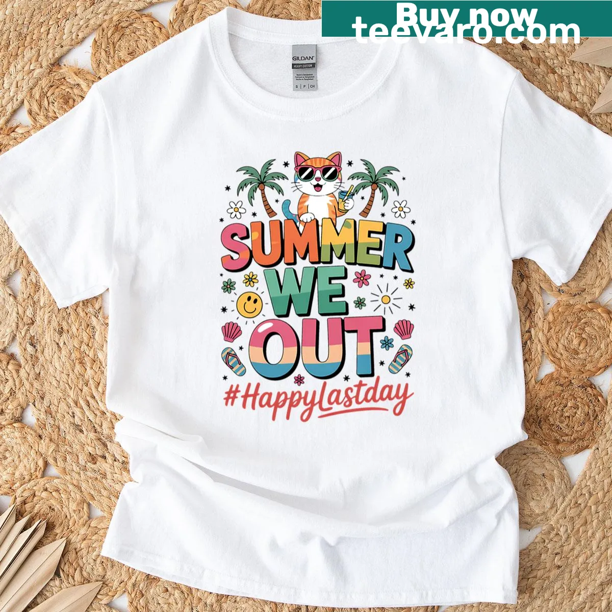 Humorous teacher T-shirt with a cartoon cat and 'We Out!' slogan for summer — on a men's t-shirt