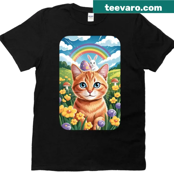 Cute Easter-themed T-shirt featuring a cat and bunny