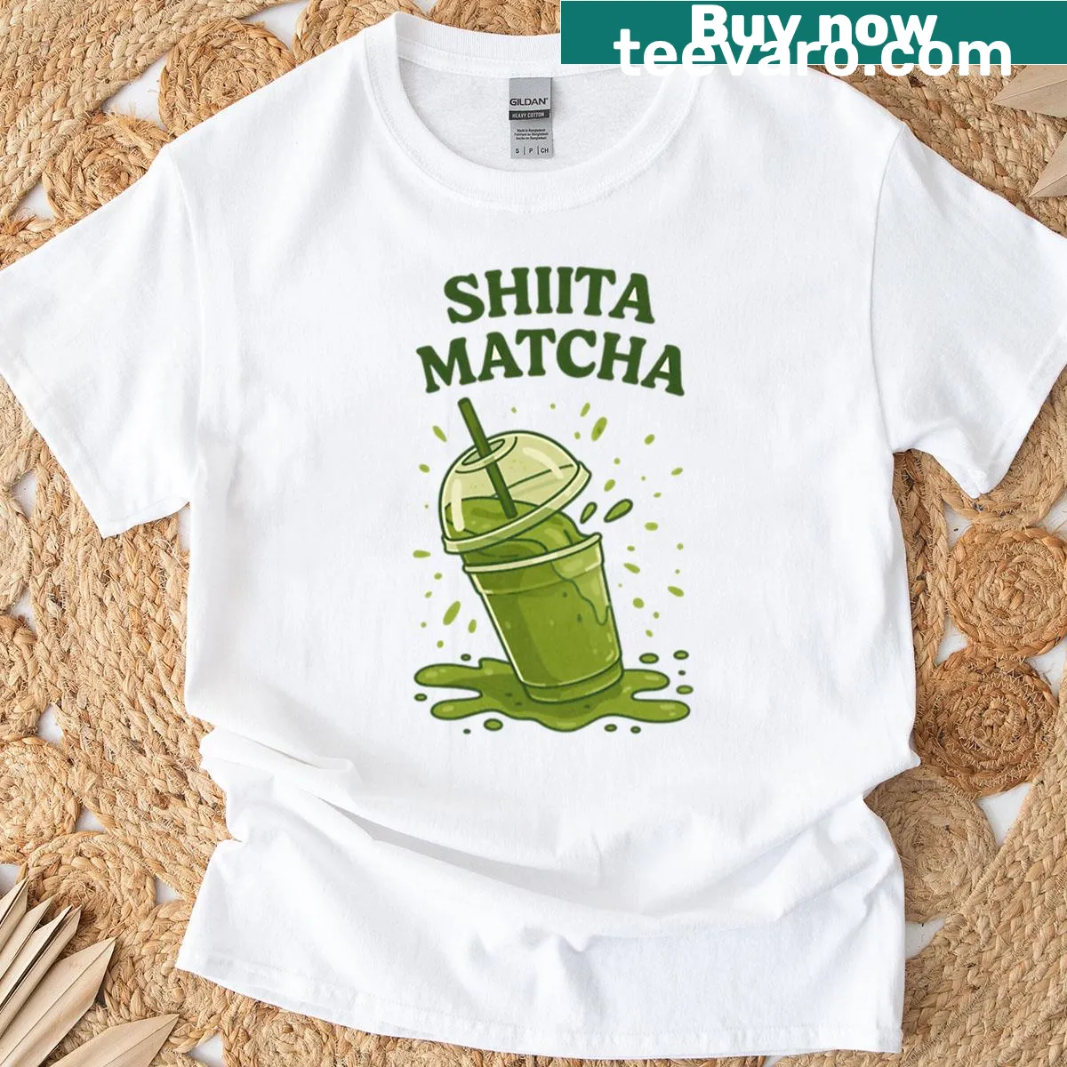 Humorous T-shirt featuring a matcha spill graphic and text 'Shiita Matcha' — on a men's t-shirt