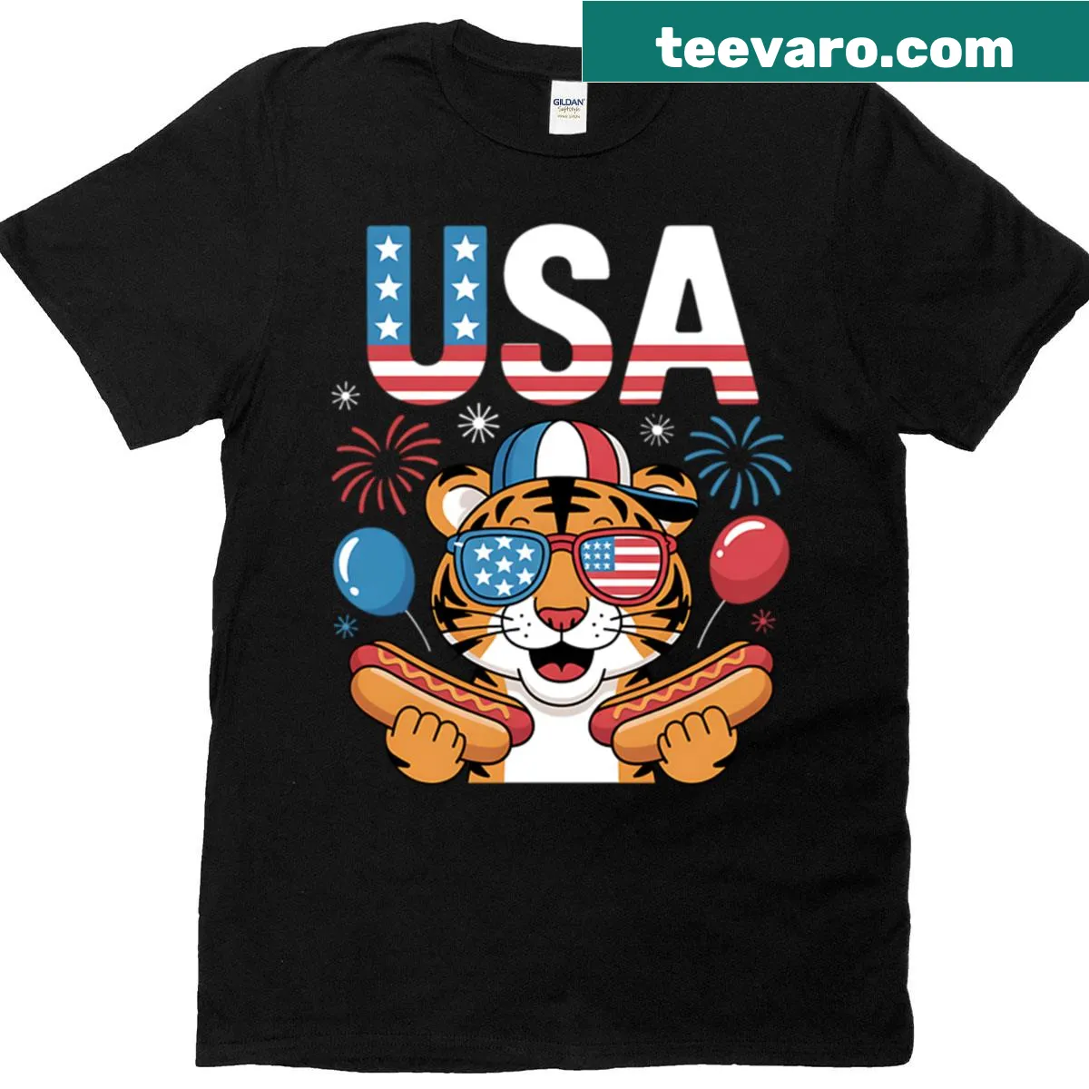 Patriotic T-shirt with cat and hotdog design for July 4th — on a men's t-shirt