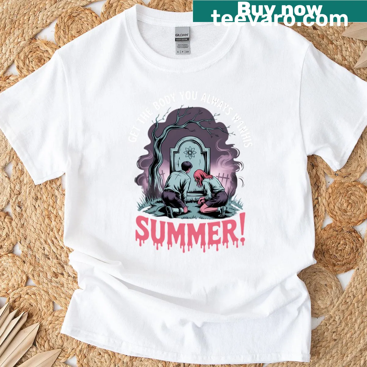 Gothic T-shirt featuring a humorous summer graveyard beach theme — on a men's t-shirt