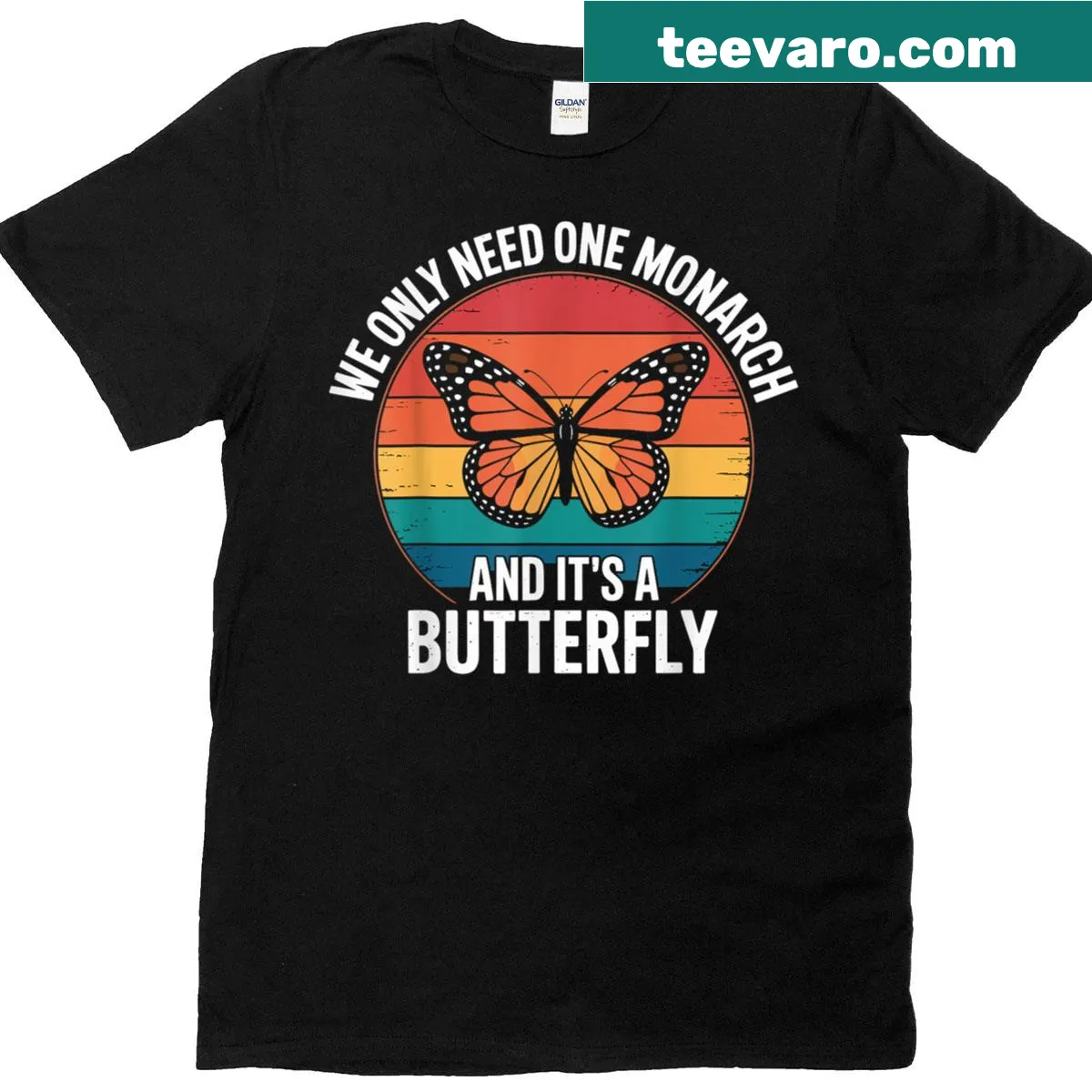 Playful shirt design featuring a butterfly and pun about monarchy — on a men's t-shirt