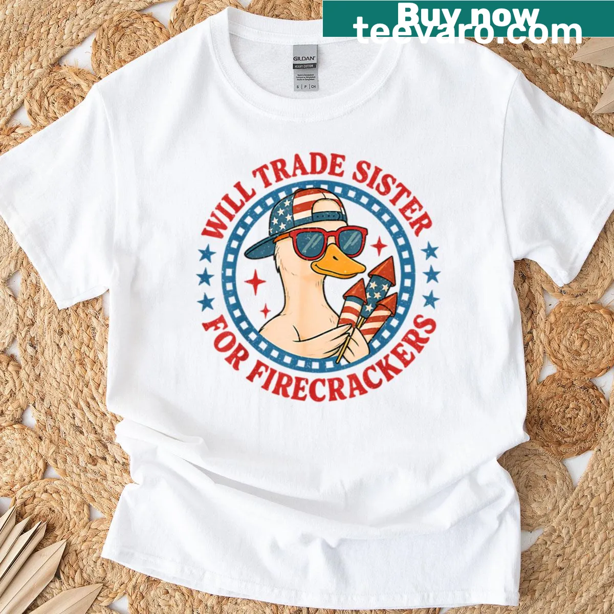Funny shirt saying Will Trade Sister For Firecrackers for July 4th — on a men's t-shirt