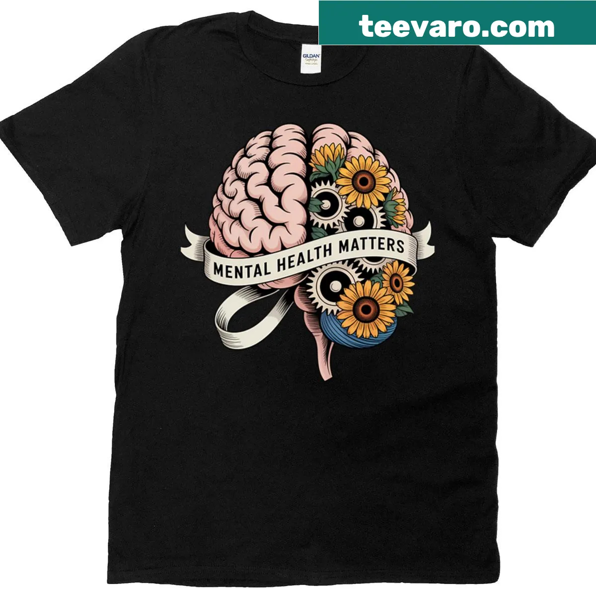 Brain design with sunflowers graphic on T-shirt — on a men's t-shirt