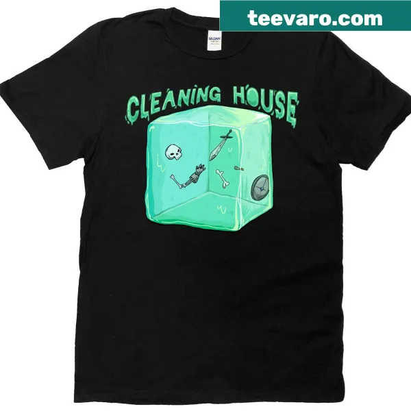 Funny t-shirt featuring a cartoon gelatinous cube doing house cleaning